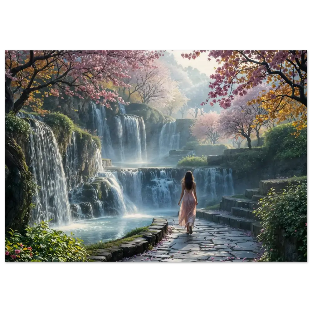 Serene waterfall landscape with a woman in PixiOnyx Naturalgrain Bloom Edition Wood Print