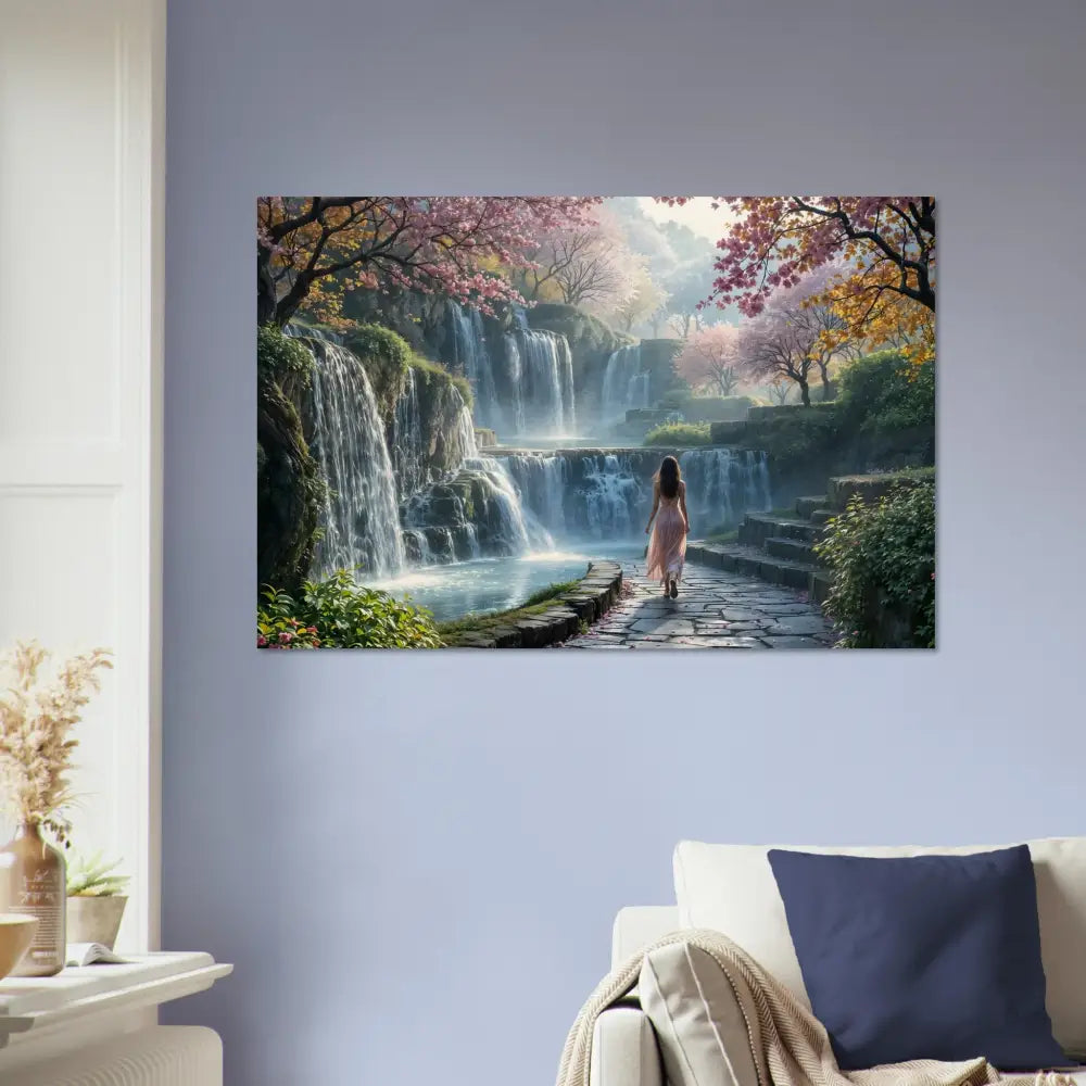 Waterfall landscape wall art from PixiOnyx Wood Prints Waterfall Orchard Bloom Edition