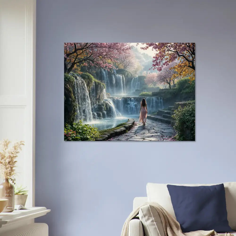 Waterfall landscape wall art displayed on Wood Prints The Waterfall Orchard PixiOnyx Naturalgrain Bloom Edition