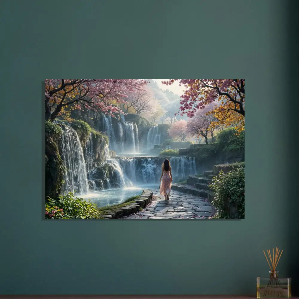 Waterfall landscape with a woman displayed on Wood Prints Waterfall Orchard PixiOnyx Naturalgrain Bloom Edition