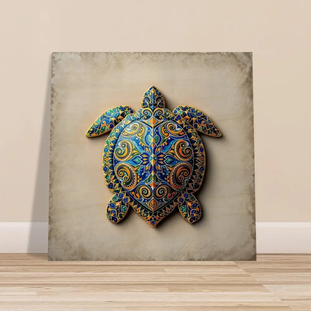 Ornate turtle wall art featuring intricate shell patterns in natural wood finish