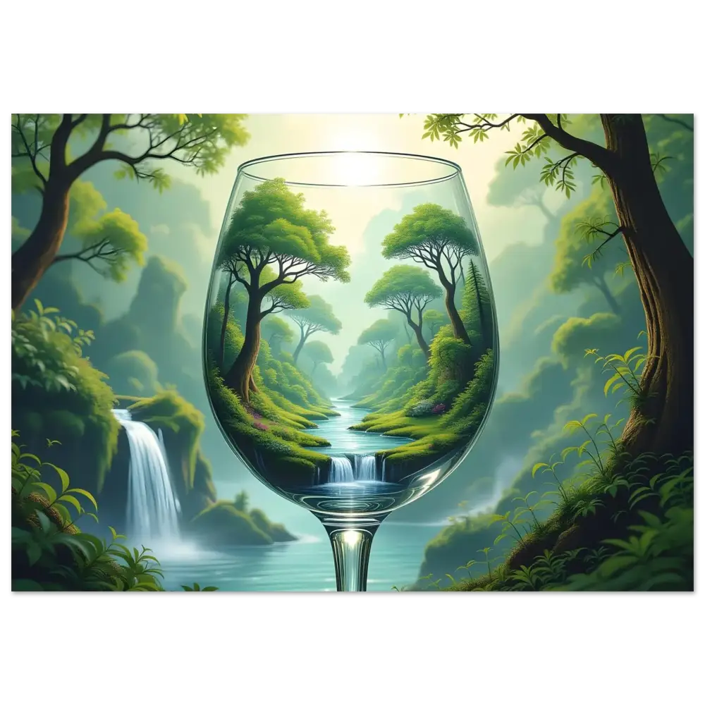 Wine glass with a lush forest landscape in PixiOnyx Dreamcore Fine Art Print poster