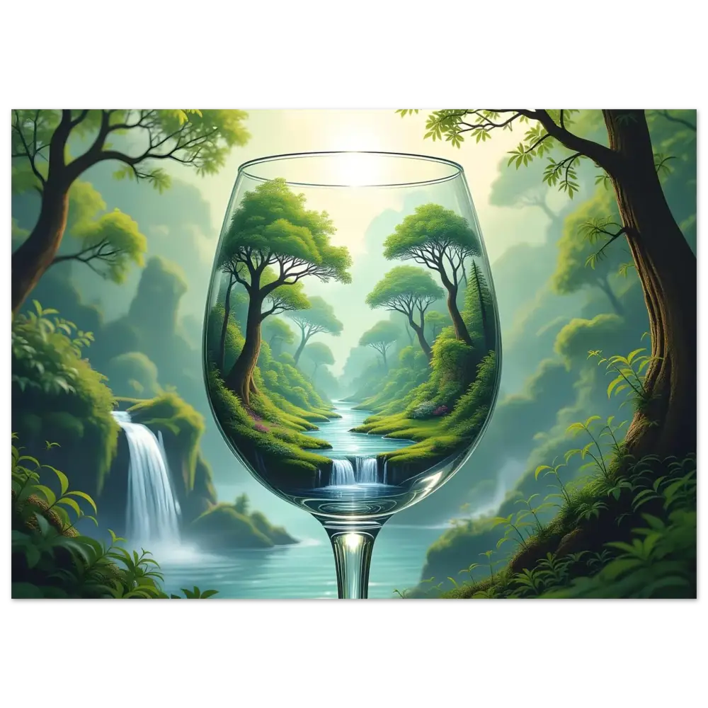 Wine glass with a lush forest landscape in the World in a Glass Poster by PixiOnyx
