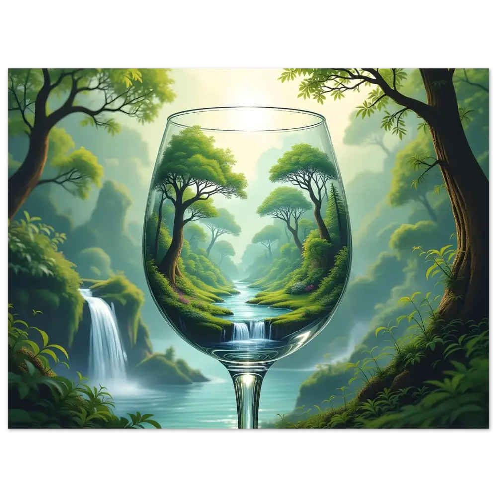 Wine glass with lush forest landscape in PixiOnyx Dreamcore Fine Art Print poster