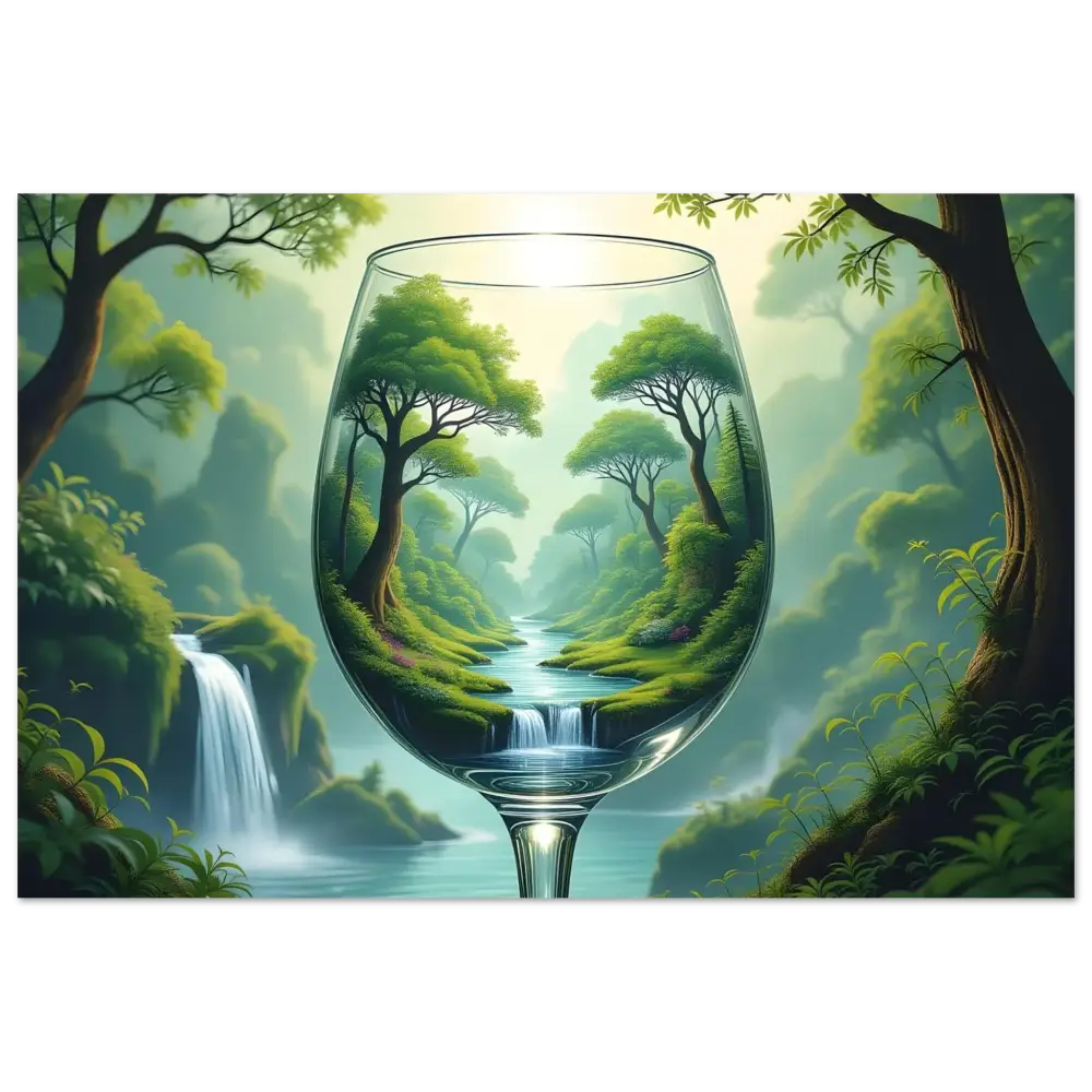 Wine glass with a lush forest landscape in a surreal art print for PixiOnyx Dreamcore