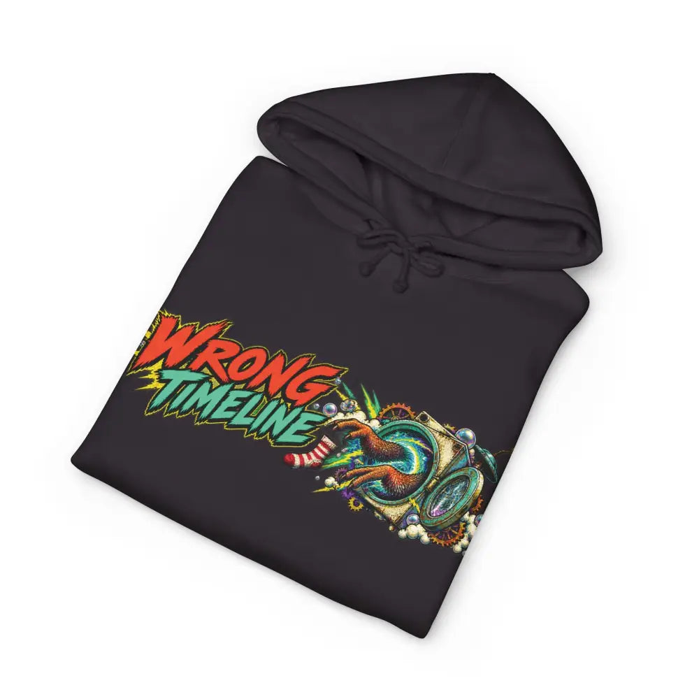 Black heavyweight hooded sweatshirt with vibrant wrong timeline graphic and time machine design brings bold style