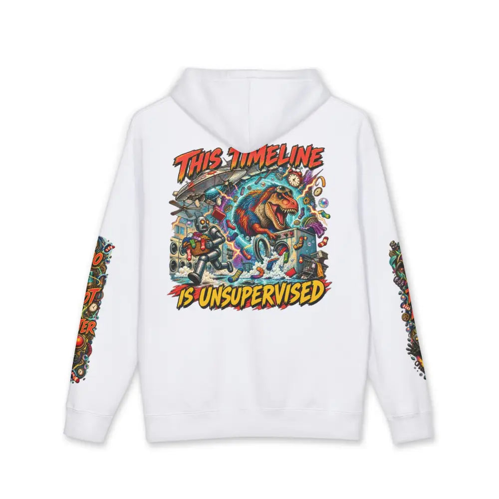 Back of white heavyweight hooded sweatshirt featuring a bold cartoon dinosaur time-travel graphic and this timeline is unsupervised text