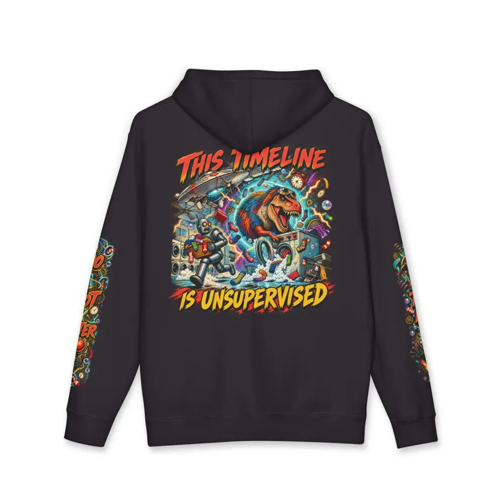 Black heavyweight hooded sweatshirt featuring vibrant dinosaur time-travel graphic brings bold style to any outfit