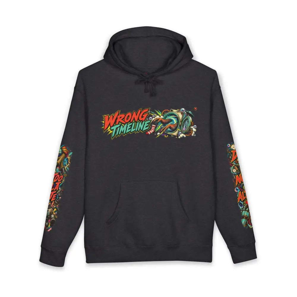 Black heavyweight hooded sweatshirt with vibrant wrong timeline 20 graphic and colorful sleeve designs for bold style