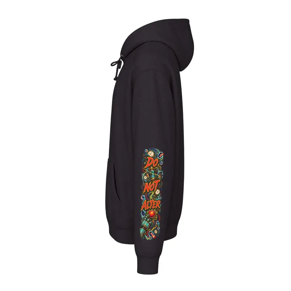 Black heavyweight hooded sweatshirt with vibrant colorful do not alter graphic down the left sleeve brings bold style