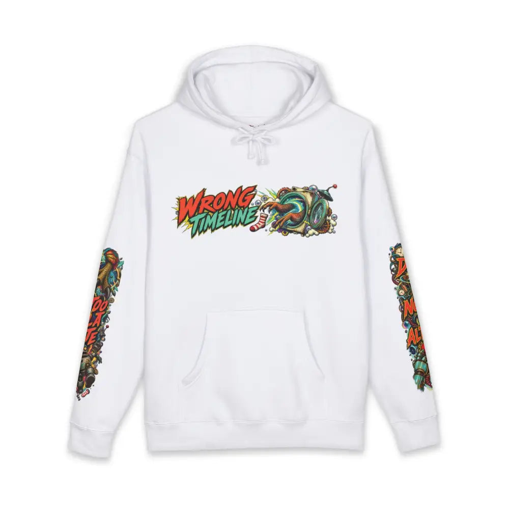 White heavyweight hooded sweatshirt featuring vibrant wrong timeline graphic and colorful detailed sleeves