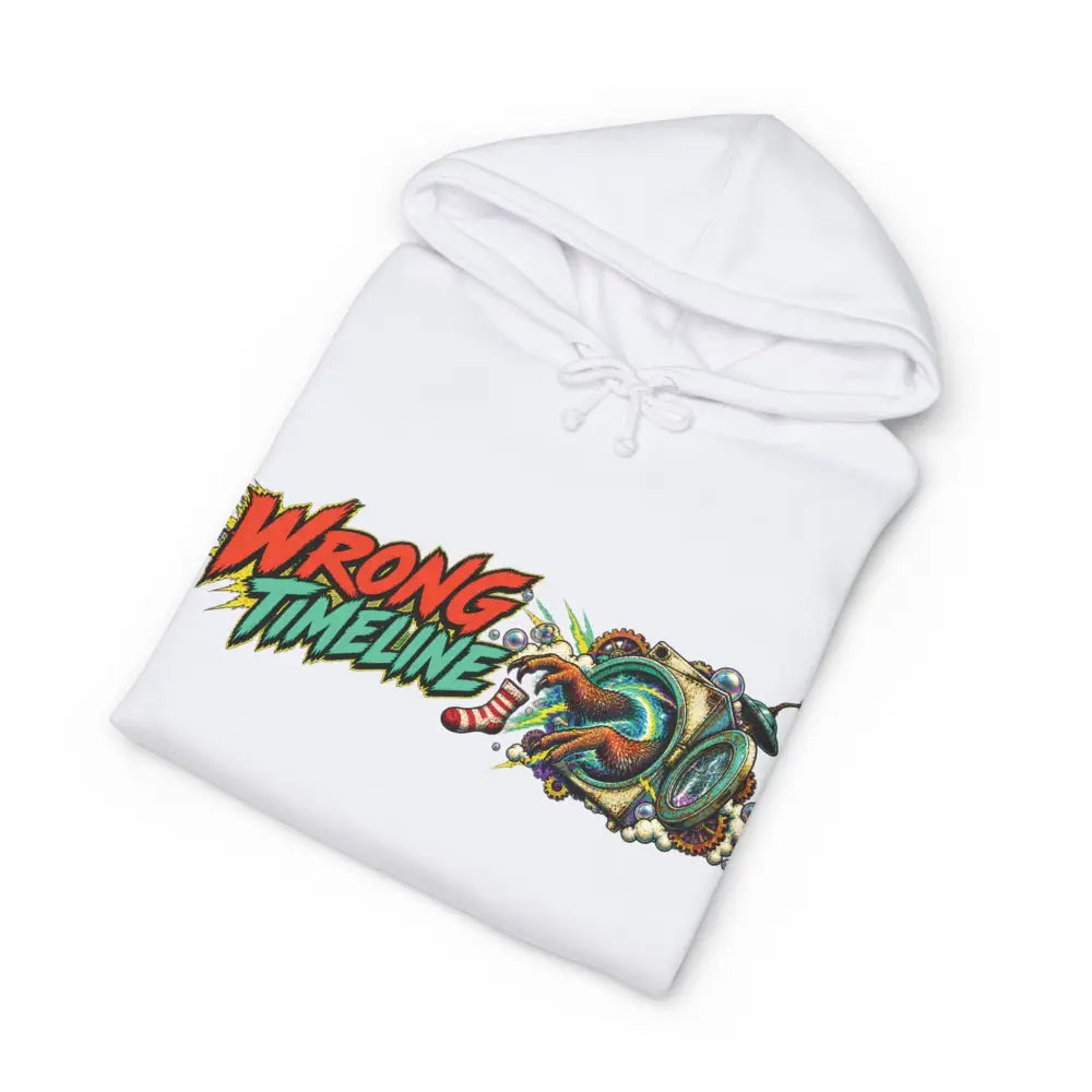 White heavyweight hooded sweatshirt with vibrant wrong timeline graphic and steampunk mechanical creature design
