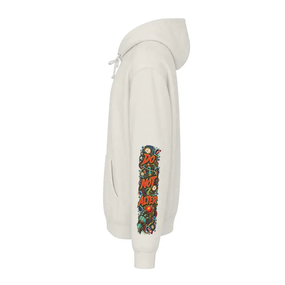 Cream-colored heavyweight hooded sweatshirt brings bold do not alter graphic with colorful cartoonish elements on left sleeve