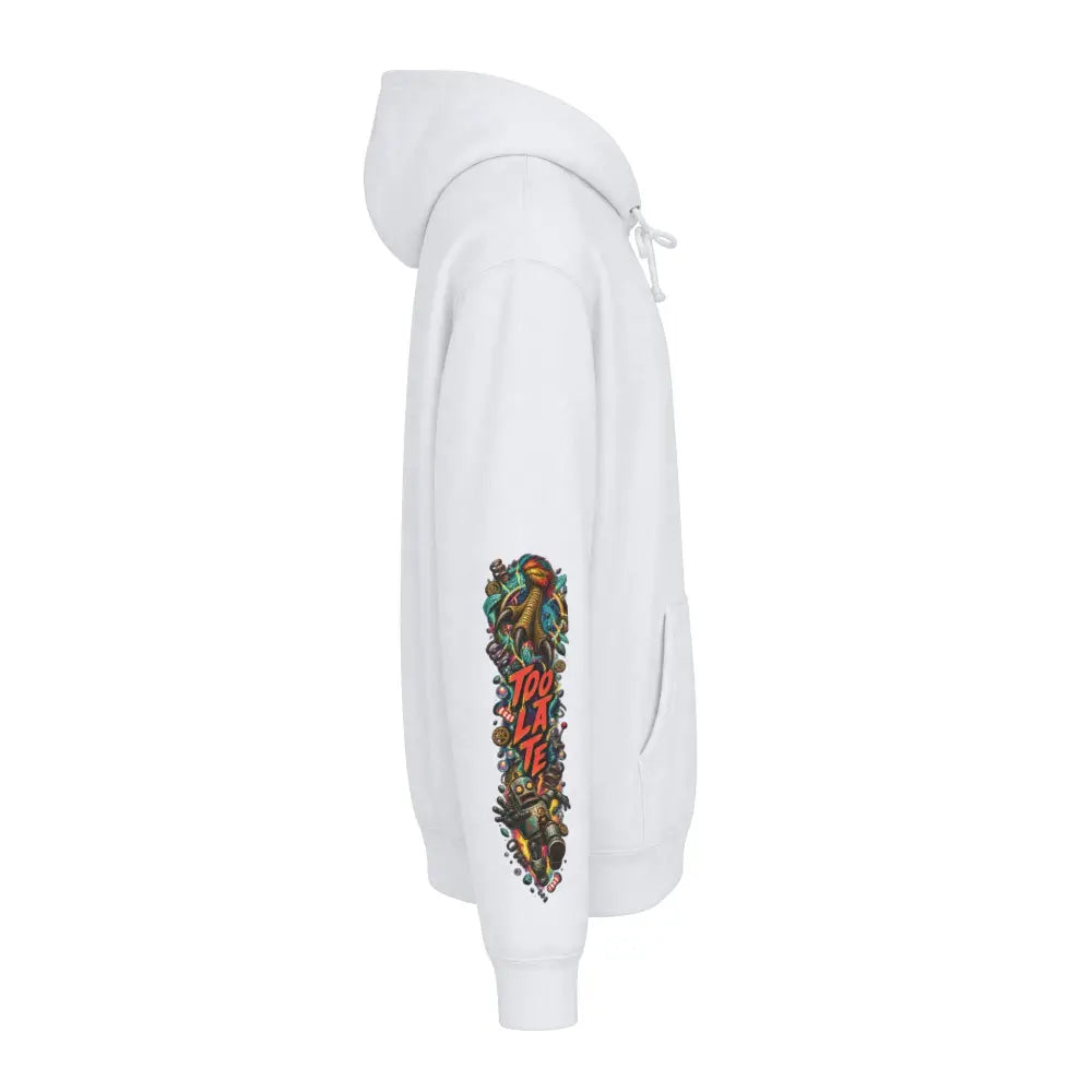 White heavyweight hooded sweatshirt featuring vibrant too late graphic and colorful cartoon characters on sleeve detail