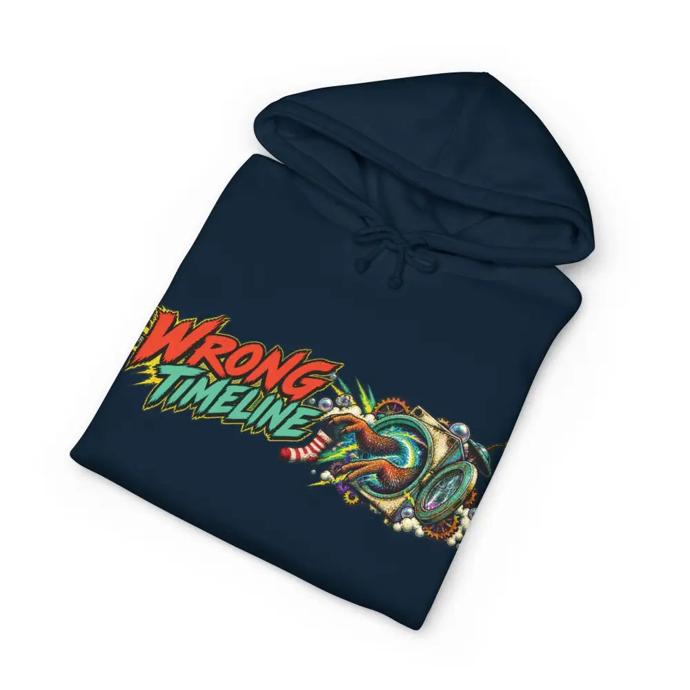 Navy blue heavyweight hooded sweatshirt with vibrant wrong timeline graphic and comic-style lettering on front