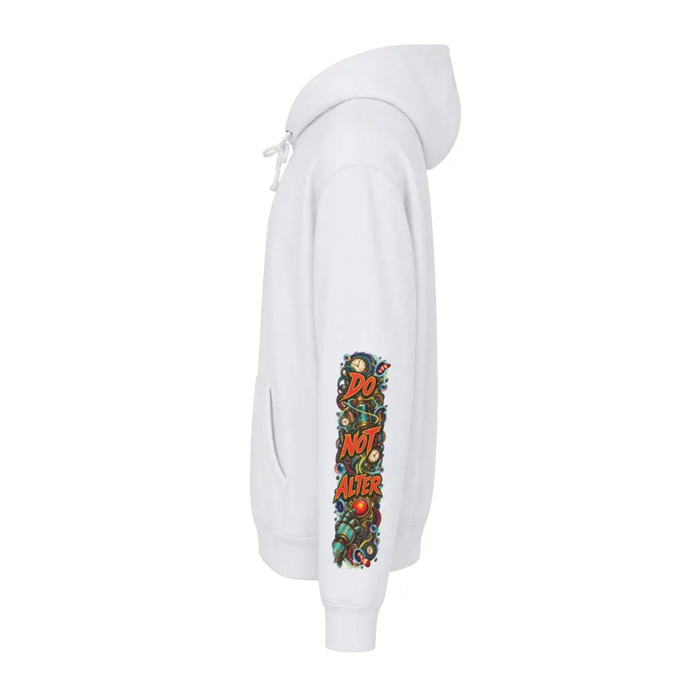 White heavyweight hooded sweatshirt with vibrant vertical do not alter graphic and bold orange lettering on left sleeve