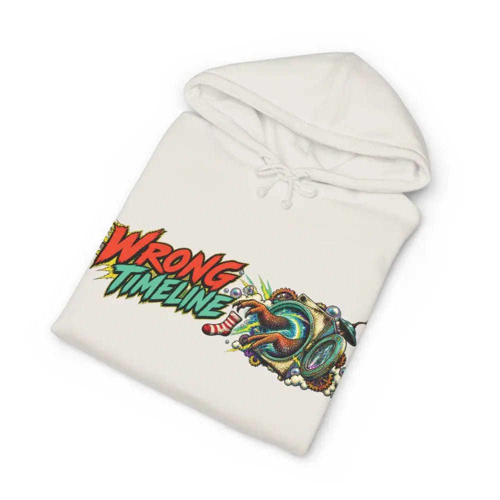 Off-white heavyweight hooded sweatshirt with vibrant wrong timeline graphic and illustrated time machine design