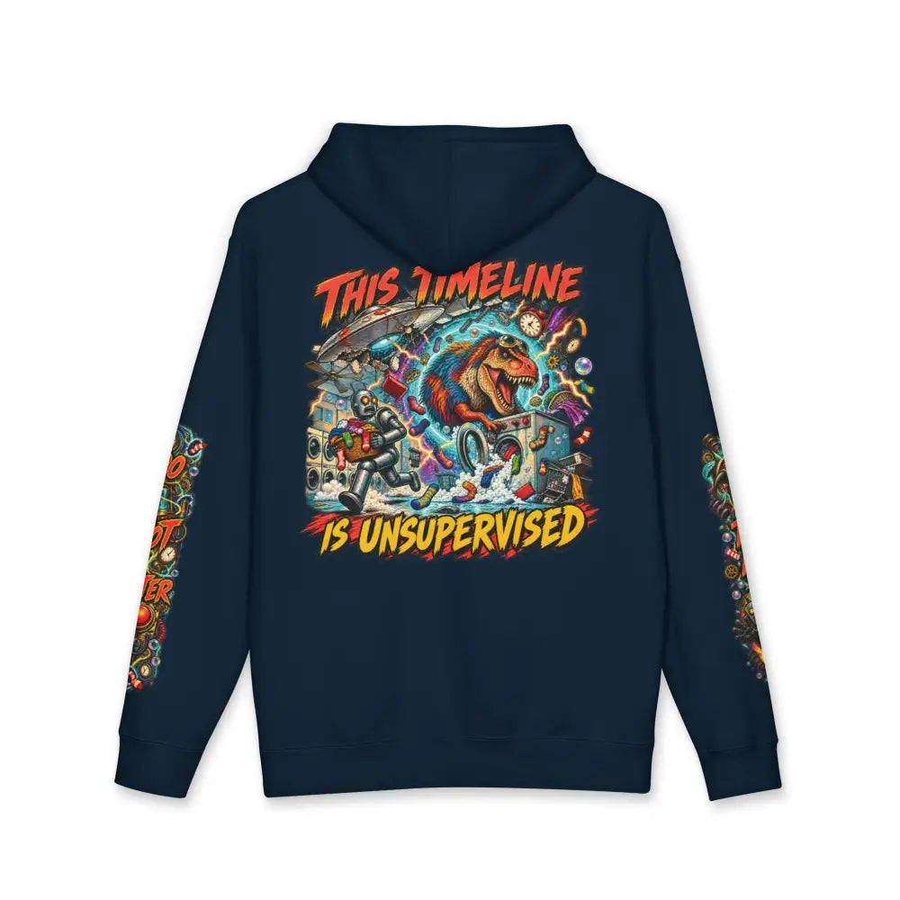 Back of navy blue heavyweight hooded sweatshirt features vibrant dinosaur time-travel graphic and this timeline is unsupervised text