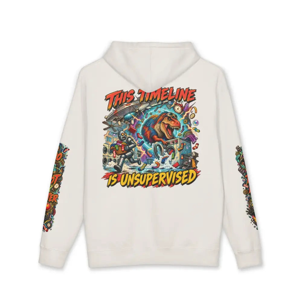 Cream-colored heavyweight hooded sweatshirt featuring a dinosaur and robot graphic with bold red and yellow text this timeline is unsupervised