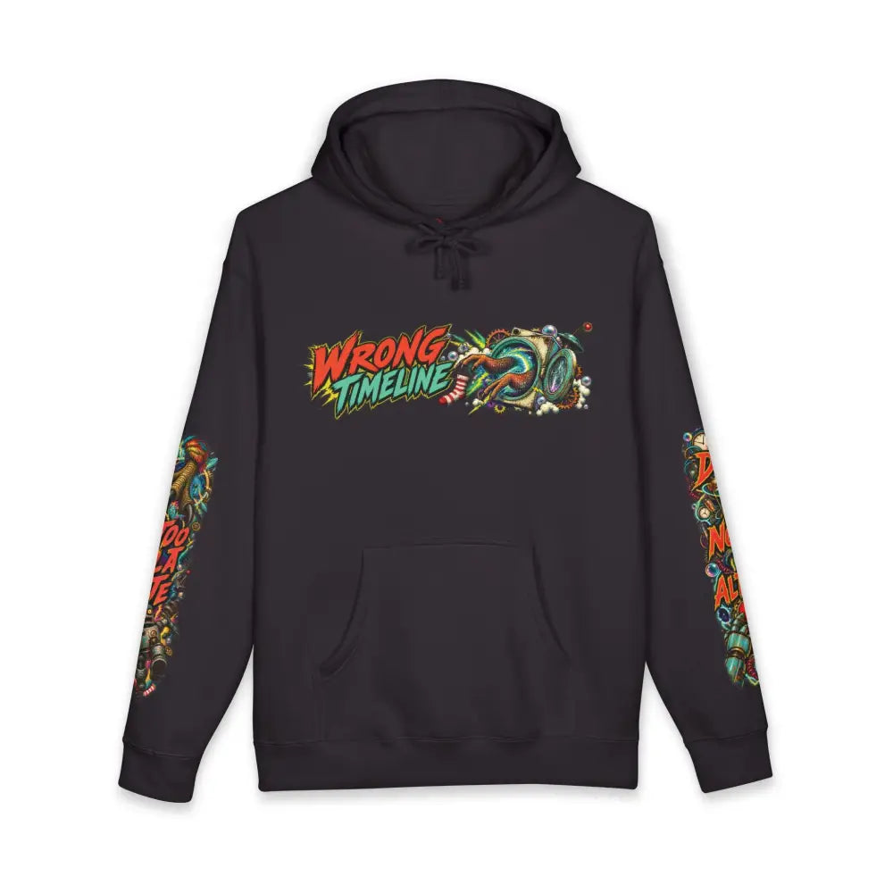 Black heavyweight hooded sweatshirt featuring vibrant wrong timeline 20 graphic and colorful sleeve designs for bold style