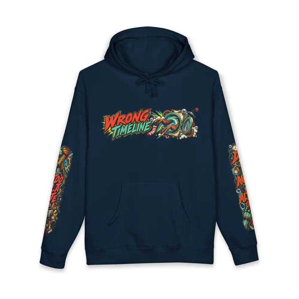 Dark navy blue heavyweight hooded sweatshirt with colorful graphic prints and kangaroo pocket brings bold style