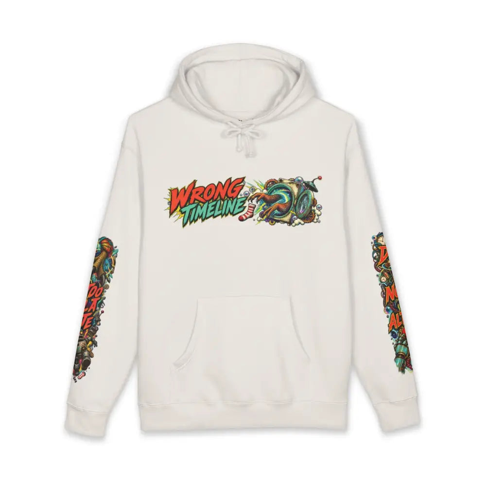 Off-white heavyweight hooded sweatshirt with vibrant wrong timeline 20 graphic and colorful sleeve designs for bold style