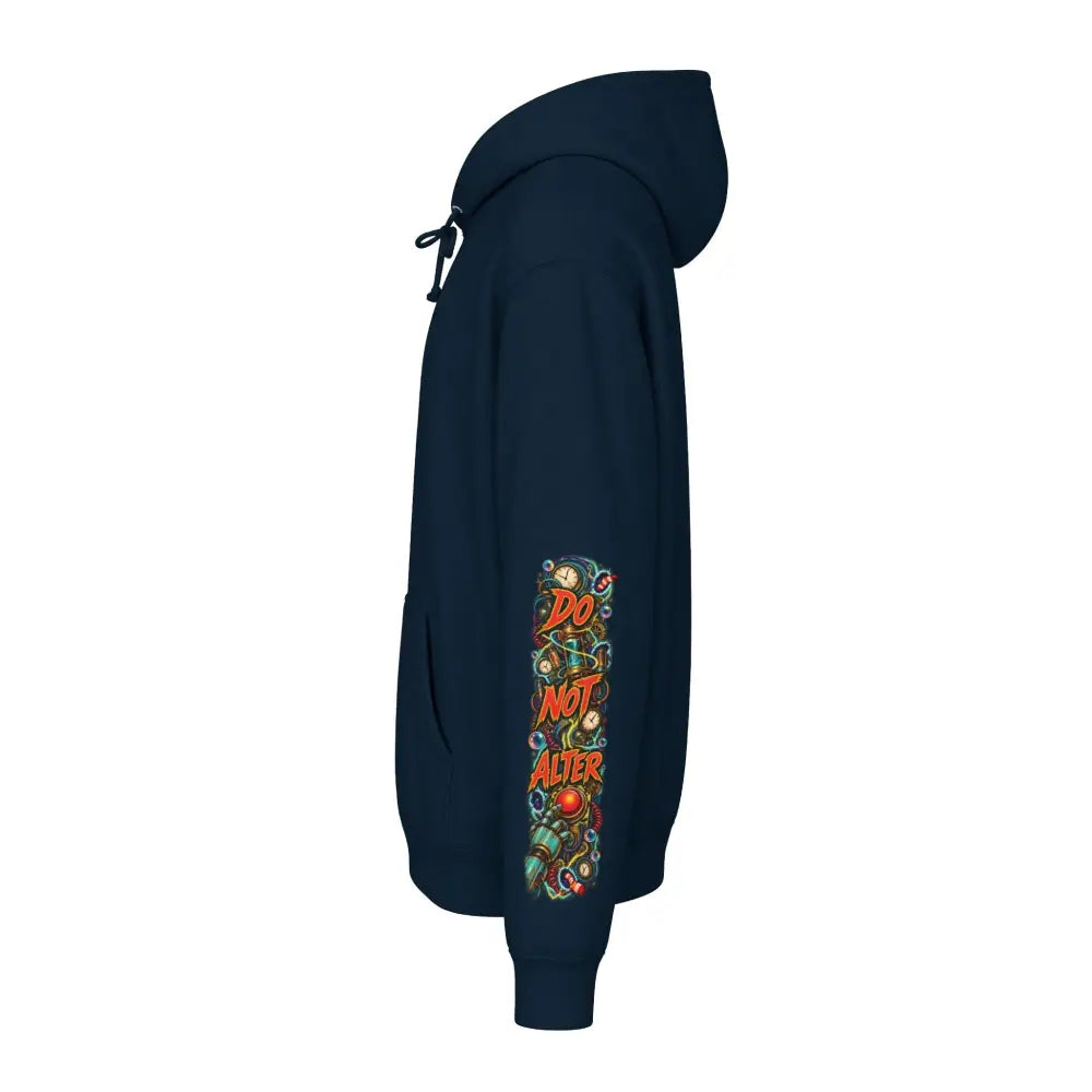 Navy blue heavyweight hooded sweatshirt with bold colorful do not alter graphic down the left sleeve for casual wear