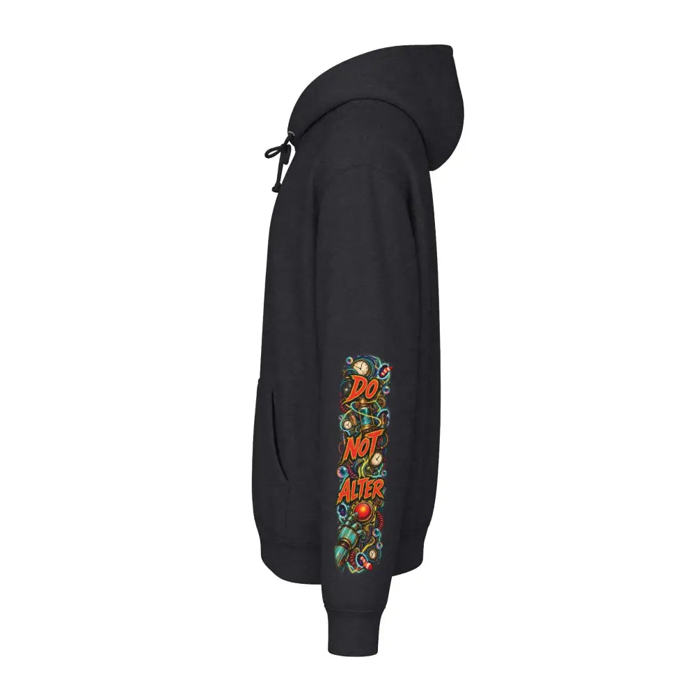 Black heavyweight hooded sweatshirt with colorful do not alter graphic running vertically down the left sleeve