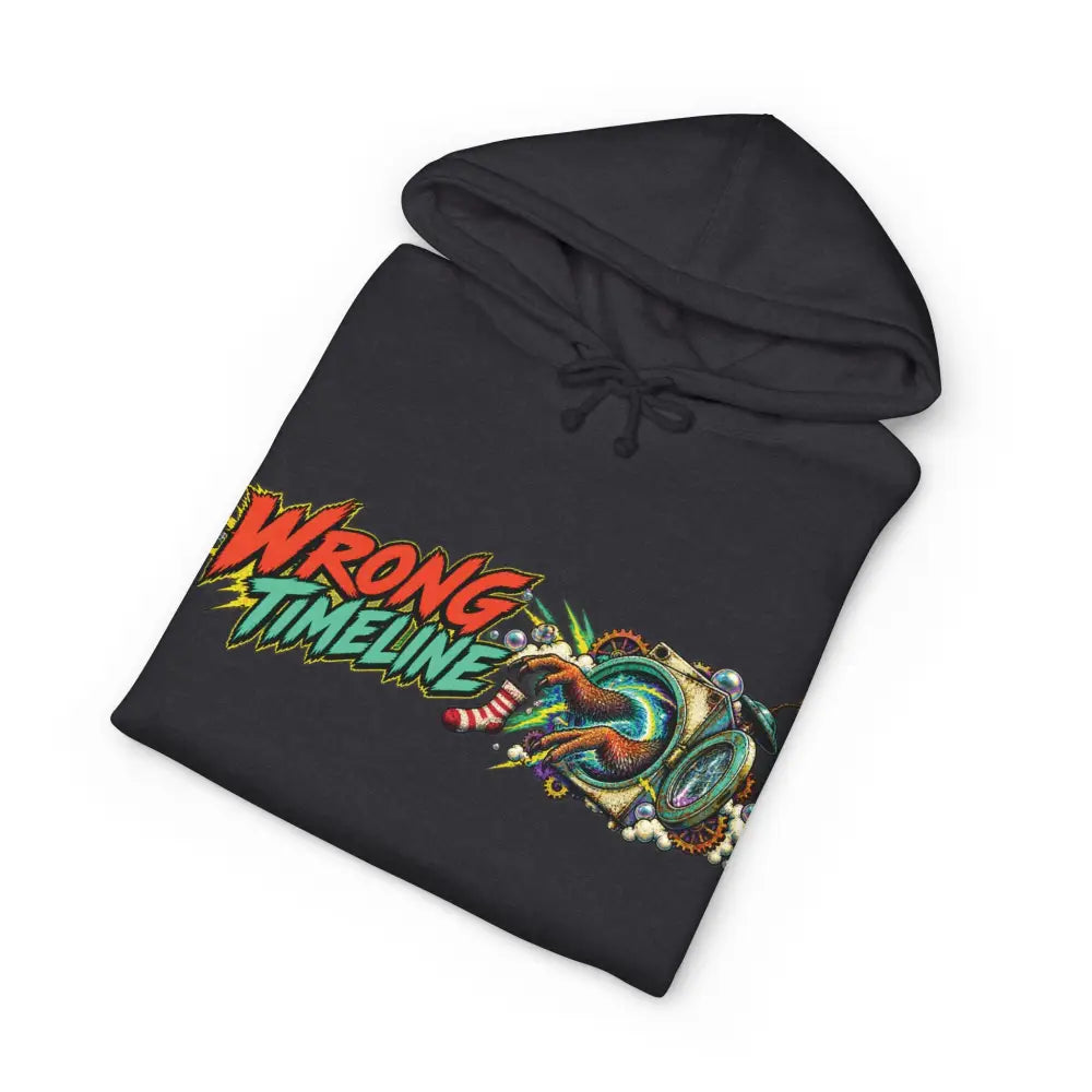 Black heavyweight hooded sweatshirt featuring vibrant wrong timeline graphic with hand reaching into time machine illustration