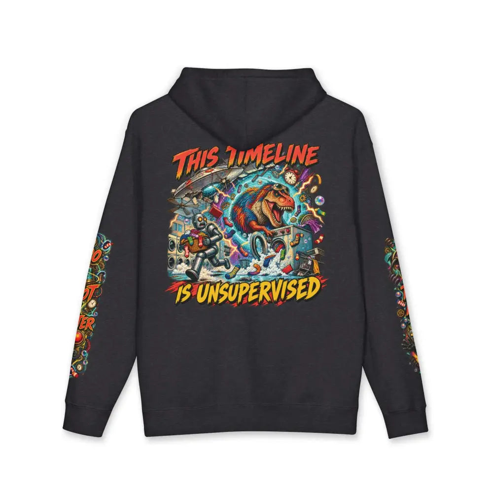 Black heavyweight hooded sweatshirt shows vibrant dinosaur graphic and this timeline is unsupervised text on back
